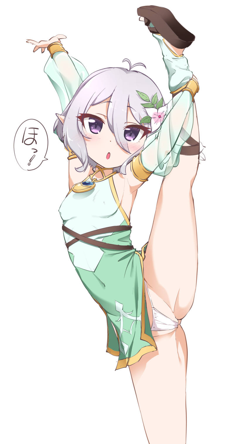1girl :o antenna_hair armpits blush breasts cameltoe commentary detached_sleeves dress elf flexible flower foot_out_of_frame groin groin_tendon hair_between_eyes hair_flower hair_ornament highres kokkoro_(princess_connect!) leg_hold leg_lift leg_up looking_at_viewer matatabi_(2ccp) panties pink_eyes pointy_ears princess_connect! sandals see-through see-through_sleeves silver_hair simple_background sketch sleeveless sleeveless_dress small_breasts solo split standing standing_on_one_leg standing_split stretch thighs underwear white_background white_flower white_panties