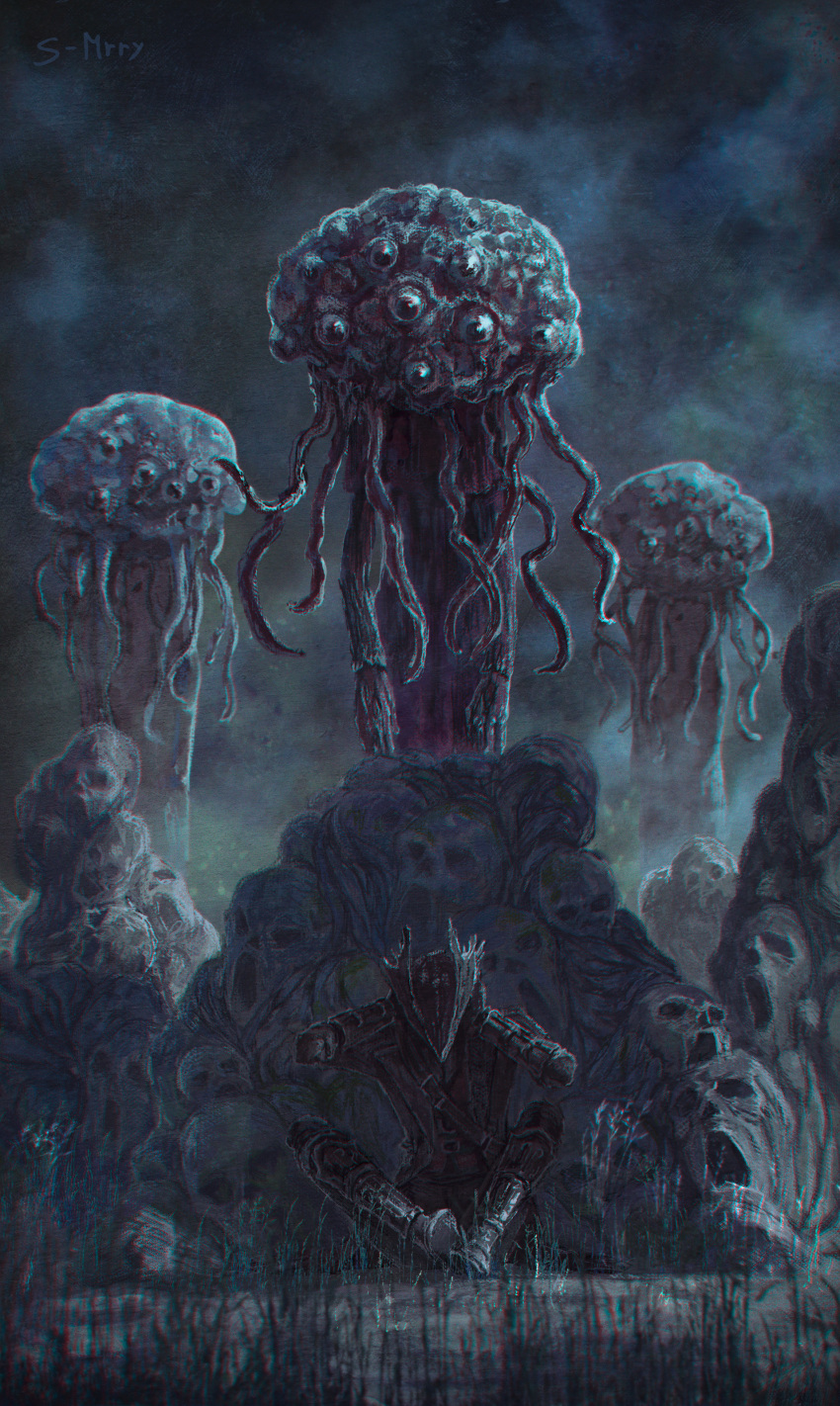 absurdres bloodborne bloodexer boots brain capelet cloak coat covering_ears eldritch_abomination extra_eyes gloves hat highres horror_(theme) hunter_(bloodborne) monster sitting standing tentacles tricorne winter_lantern