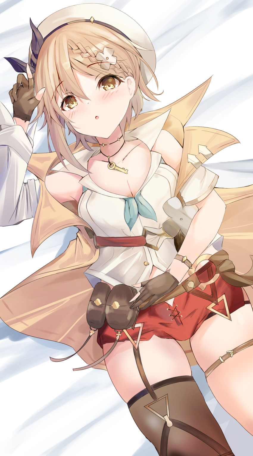 1girl absurdres atelier_(series) atelier_ryza bangs bed_sheet belt_pouch beret bimmy blush braid braided_bangs breasts brown_eyes brown_gloves brown_hair cleavage commission english_commentary eyebrows_visible_through_hair garter_belt gloves hair_between_eyes hair_ornament hat highres key looking_at_viewer lying medium_breasts on_back open_mouth partially_fingerless_gloves pouch red_shorts reisalin_stout shirt short_hair short_shorts shorts single_thighhigh solo swept_bangs thigh_strap thighhighs white_headwear white_shirt