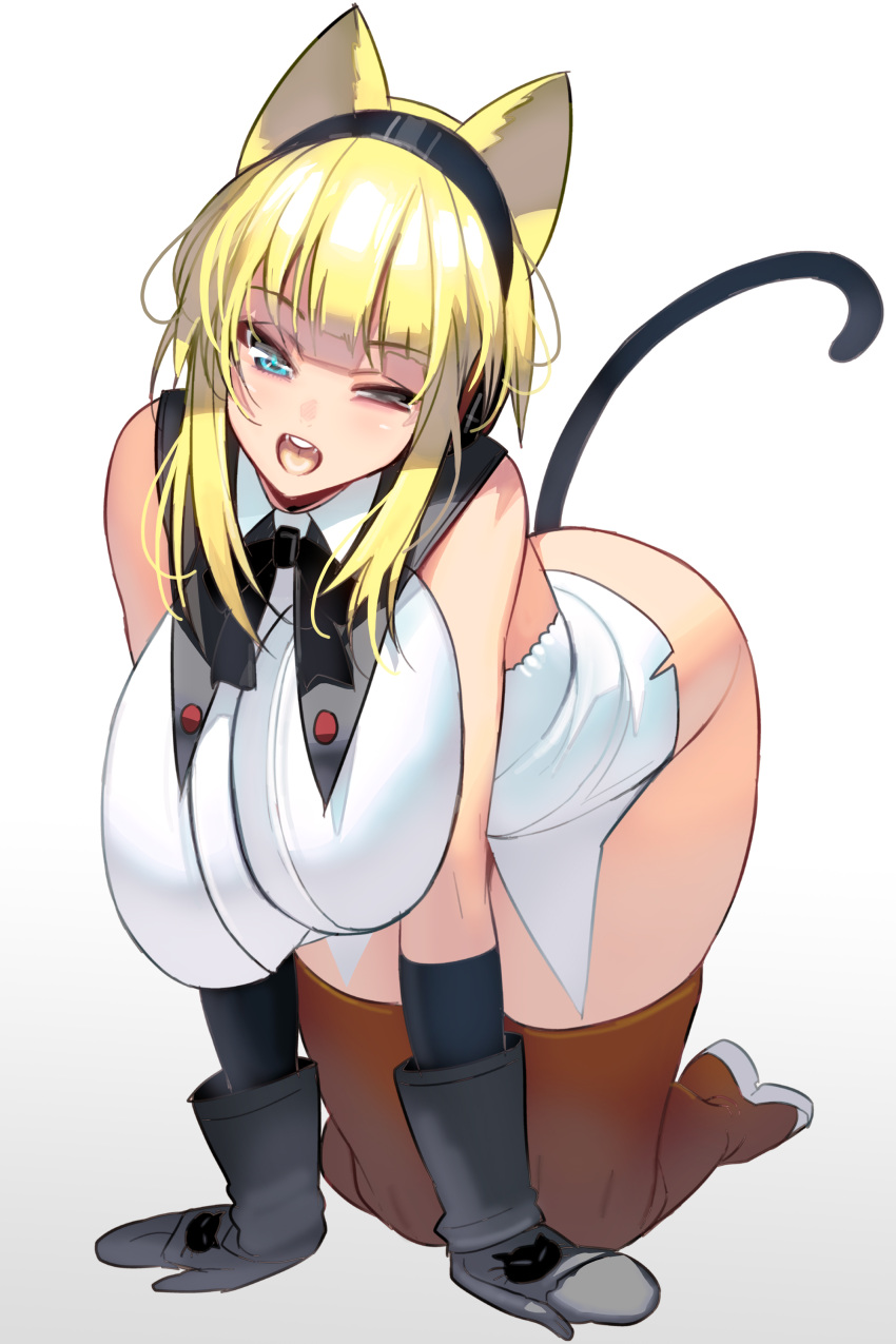 1girl absurdres animal_ears bangs blonde_hair boots breasts cat_ears cat_tail eyebrows_visible_through_hair gloves hanging_breasts headphones highres large_breasts masao one_eye_closed open_mouth original short_hair solo tail thigh_boots thighhighs white_background