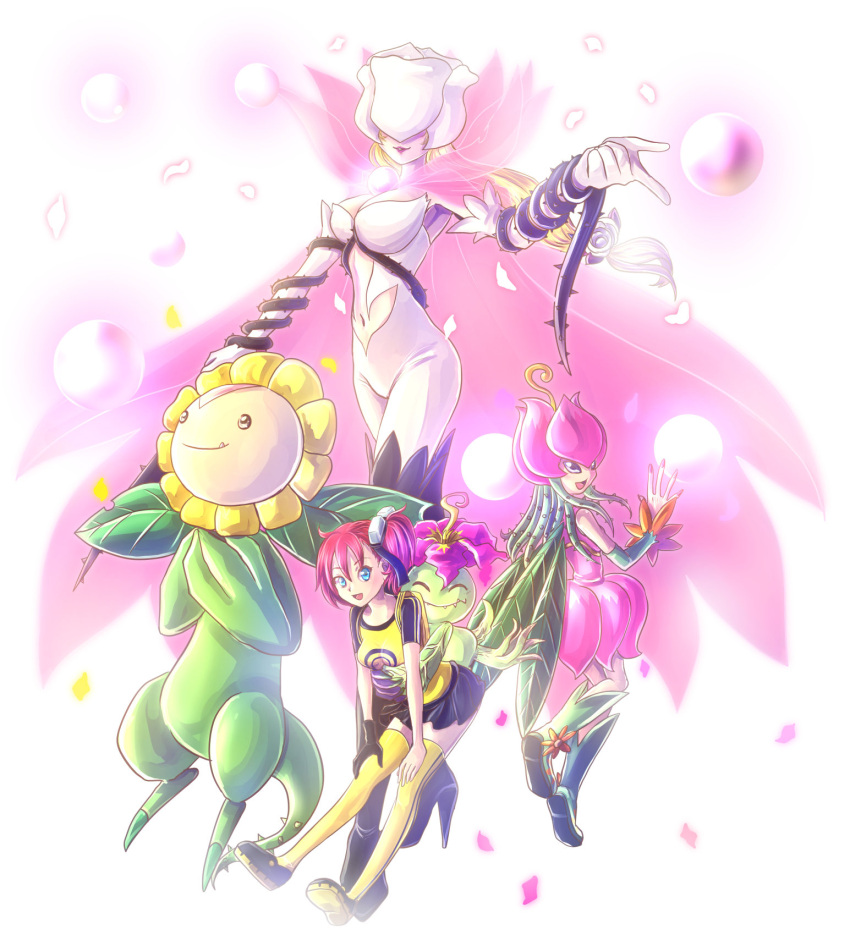 3girls :d ^_^ aiba_ami black_footwear black_gloves black_skirt blonde_hair blue_eyes boots breasts brooch bubble cape center_opening closed_eyes closed_mouth clothing_cutout commentary covered_eyes detached_sleeves digimon digimon_(creature) digimon_story:_cyber_sleuth dress evolutionary_line falling_petals fang fang_out fangs fangs_out flower full_body gloves goggles goggles_on_head green_footwear green_sleeves hair_between_eyes hair_flower hair_ornament happy high_heel_boots high_heels highres hug hug_from_behind jewelry konna-nani large_breasts leaf leaf_wings lillymon lipstick long_hair looking_at_viewer makeup medium_breasts miniskirt monster_girl multiple_girls navel navel_cutout open_mouth palmon parted_lips petals pink_cape pink_dress plant_girl print_shirt raglan_sleeves red_hair rose rosemon rosemon_burst_mode shirt shoes short_sleeves side_ponytail single_glove skirt smile sunflowmon thigh_boots thighhighs thorns whip white_background white_flower white_gloves white_rose wings yellow_footwear yellow_shirt