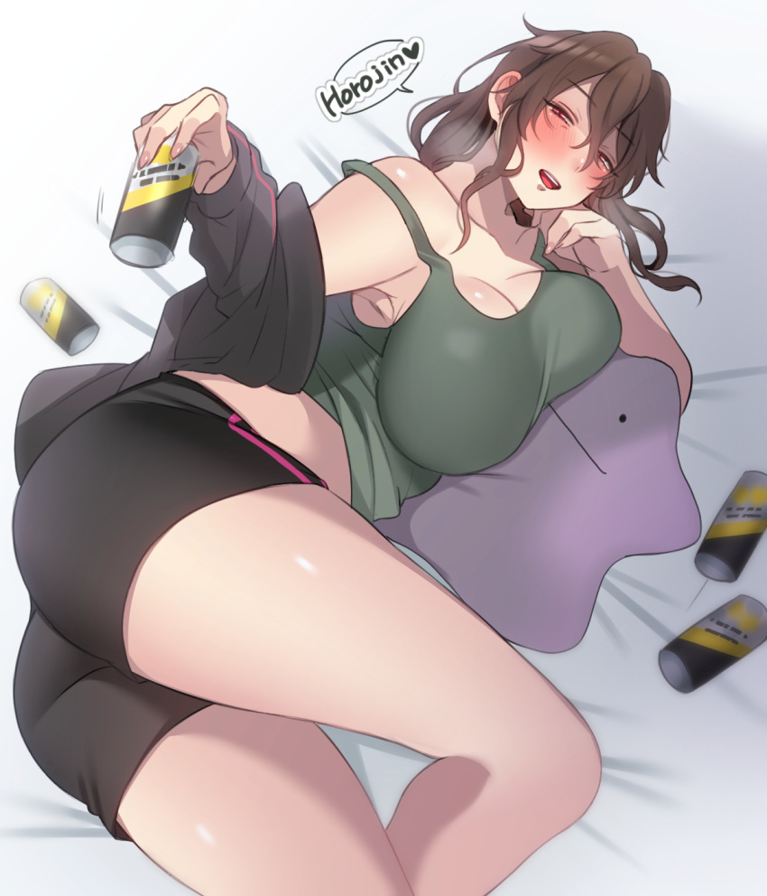 1girl alcohol ass beer beer_can bike_shorts blush breasts brown_hair can commentary_request ditto drunk eryu_kamemura green_tank_top hair_between_eyes highres imasaka_hakuno indie_virtual_youtuber large_breasts messy_hair pokemon red_eyes solo tank_top thighs virtual_youtuber