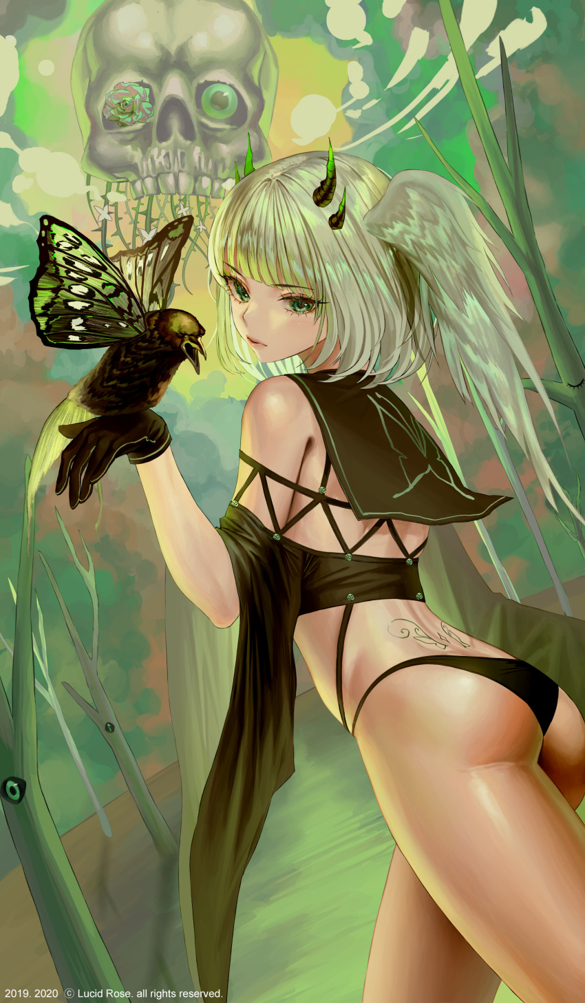 1girl absurdres animal animal_on_hand ass back_tattoo bare_shoulders bikini bikini_bottom bird bird_on_hand black_bikini black_gloves butterfly_wings cowboy_shot creature crop_top from_behind gloves green_eyes green_theme hair_wings highres horns looking_at_viewer looking_back sailor_collar short_hair silver_hair skull solo swimsuit tattoo thighs tokkihouse watermark wide_sleeves wings