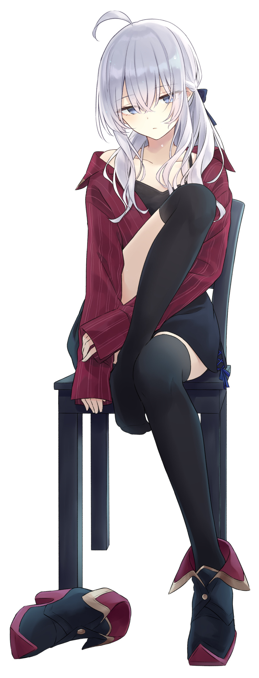 1girl absurdres ahoge ankle_boots azuuru bangs black_dress black_legwear blue_eyes boots bow chair closed_mouth collarbone dress elaina_(majo_no_tabitabi) eyebrows_visible_through_hair full_body hair_between_eyes hair_bow highres jacket knee_up long_hair long_sleeves looking_at_viewer majo_no_tabitabi novel_illustration official_art on_chair open_clothes over-kneehighs red_jacket shiny shiny_hair shoes shoes_removed short_dress sidelocks silver_hair single_boot single_shoe sitting sleeves_past_wrists solo spaghetti_strap striped thighhighs thighs vertical_stripes zettai_ryouiki