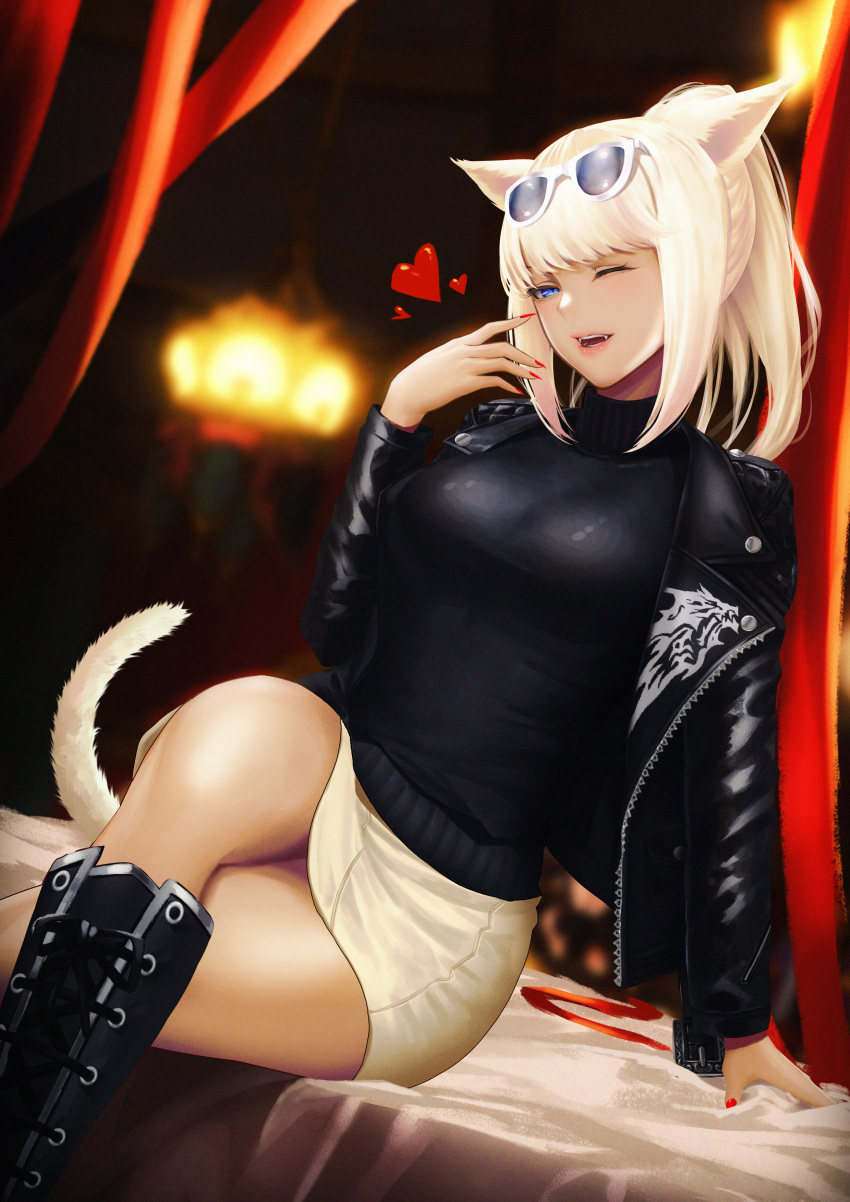1girl absurdres animal_ears avatar_(ffxiv) bangs blonde_hair blue_eyes blurry blurry_background boots breasts cat_ears cat_tail cross-laced_footwear crossed_legs eyewear_on_head fangs final_fantasy final_fantasy_xiv highres jacket knee_boots lace-up_boots medium_breasts miqo'te one_eye_closed open_clothes open_jacket open_mouth ponytail short_hair skirt solo sunglasses tail zeri_(zeristudio)