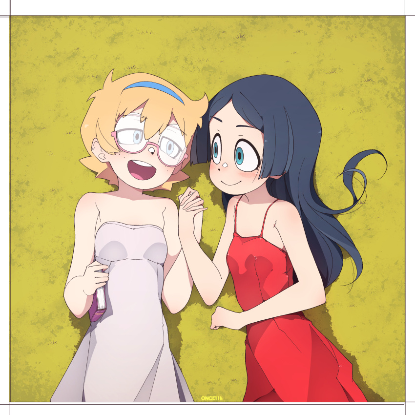 2girls absurdres bad_id bad_pixiv_id barbara_parker bare_shoulders black_hair blonde_hair blue_eyes book border dress from_above glasses hair_between_eyes half-closed_eyes hay highres holding holding_book holding_hands little_witch_academia long_hair looking_at_another lotte_jansson lying mole mole_under_eye multiple_girls once_11h open_mouth red_dress short_hair sleeveless smile teeth upper_body upper_teeth white_border white_dress yellow_background