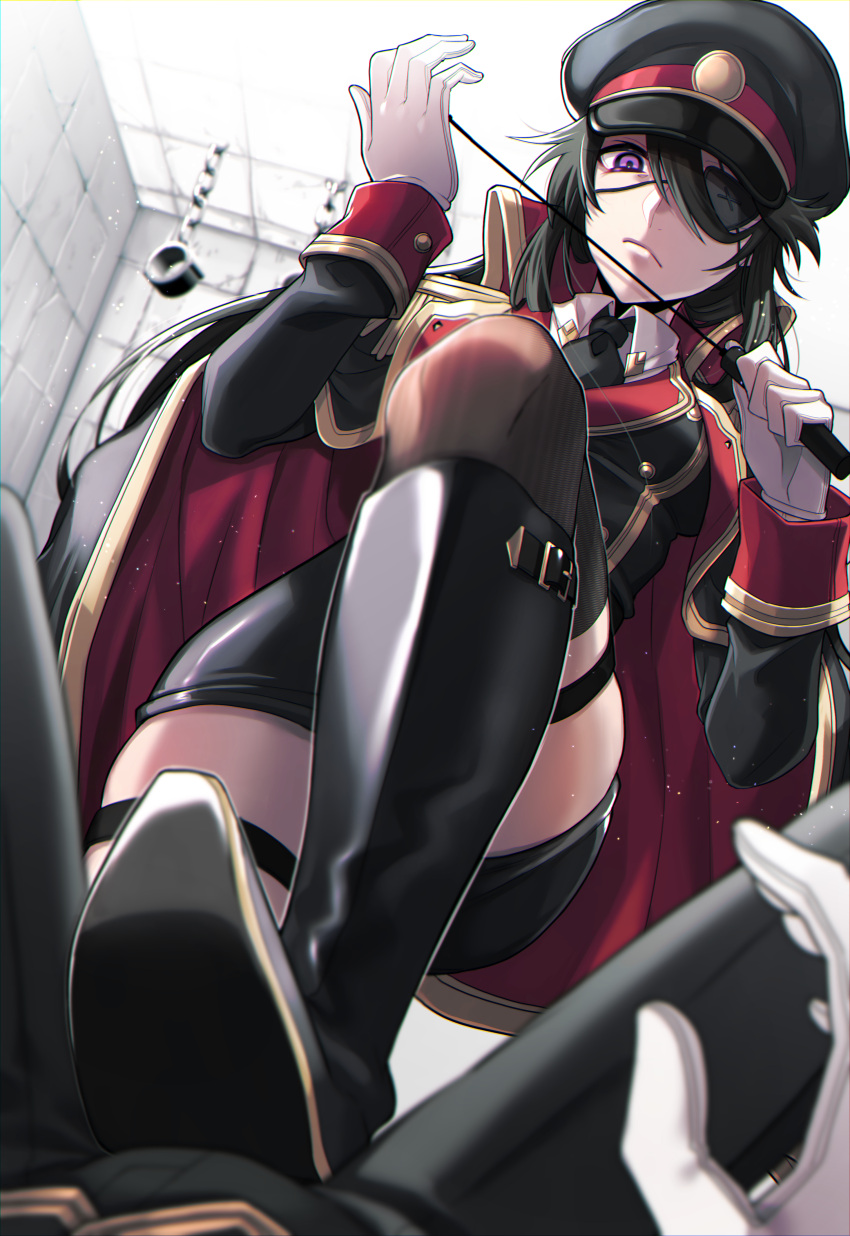 1boy 1girl absurdres bdsm black_footwear boots cape cbt commentary_request dungeon eyepatch faceless faceless_male femdom gloves hat highres long_hair looking_down military military_hat military_uniform original pov purple_eyes sadism tatsuma_daisuke trample uniform whip white_gloves