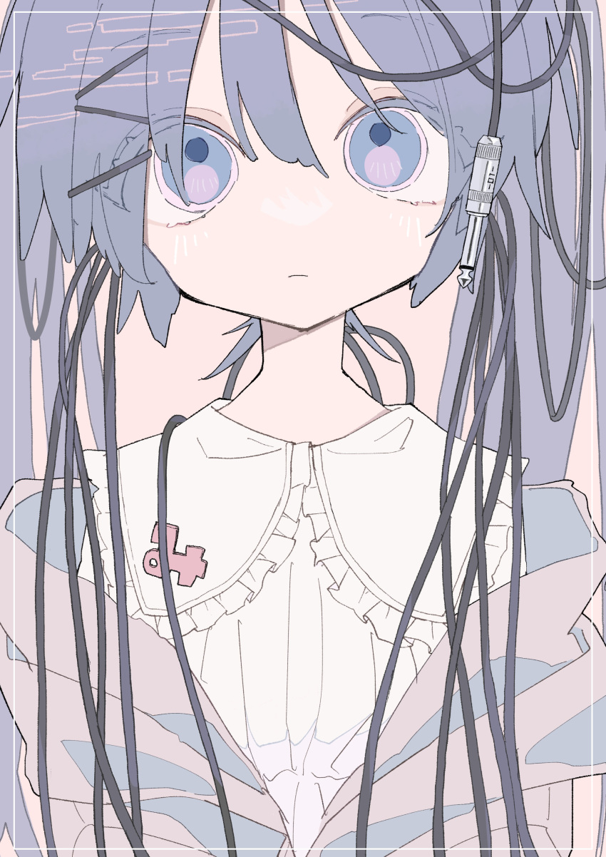1girl absurdres audio_cable blue_eyes blue_hair cable commentary dress eyes_visible_through_hair hair_between_eyes hair_ornament hairclip hatsune_miku highres jacket looking_at_viewer looking_up open_clothes open_jacket shiro_kuro_(shirokuro_3939) solo tied_hair upper_body vocaloid white_dress