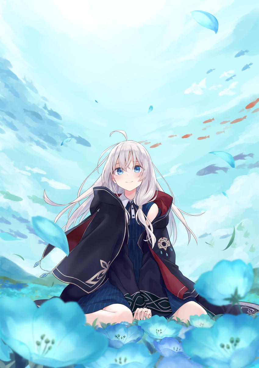 1girl absurdres ahoge azuuru bangs between_legs black_cloak black_coat blue_dress blue_eyes blue_flower cloak closed_mouth coat cover_image dress elaina_(majo_no_tabitabi) emblem eyebrows_visible_through_hair fantasy fish floating_hair flower hair_between_eyes hand_between_legs highres light_blush long_hair long_sleeves looking_at_viewer majo_no_tabitabi novel_illustration off_shoulder official_art open_clothes open_coat petals school_of_fish shiny shiny_hair short_dress sitting sleeveless sleeveless_dress smile solo striped striped_dress textless vertical-striped_dress vertical_stripes very_long_hair wariza white_hair wing_collar