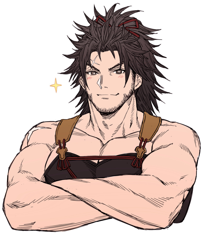 1boy bara bare_arms bare_shoulders beard brown_eyes cropped_torso cross_scar crossed_arms facial_hair final_fantasy final_fantasy_xiv hien_rijin highres light_blush long_hair looking_at_viewer male_focus mature_male muscular muscular_male overalls pectoral_cleavage pectorals scar scar_on_face scar_on_forehead smile solo sparkle zanki