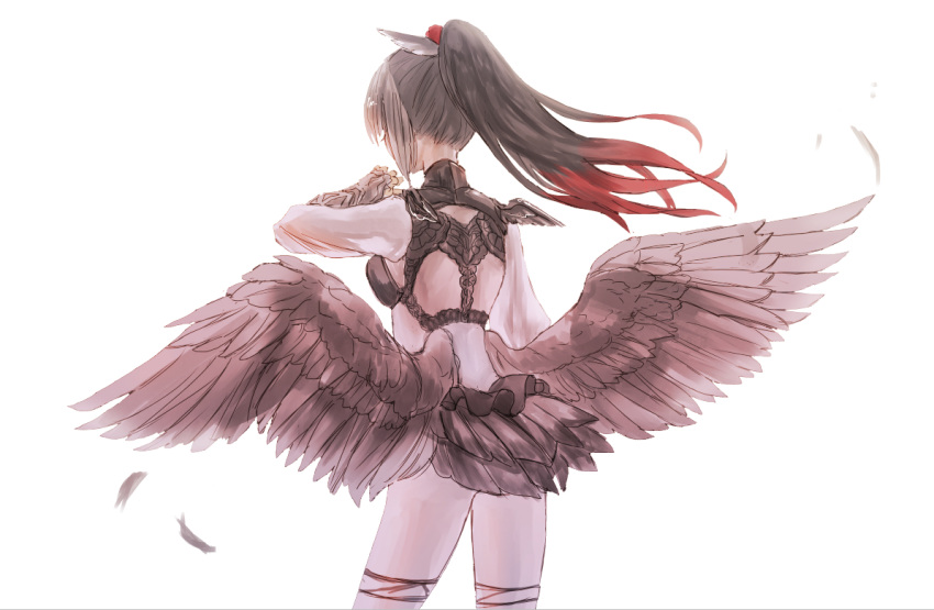 1girl arm_up black_hair byuura_(sonofelice) facing_away feathered_wings feathers gradient_hair leotard multicolored_hair personification pokemon red_hair simple_background solo standing staraptor white_background wings