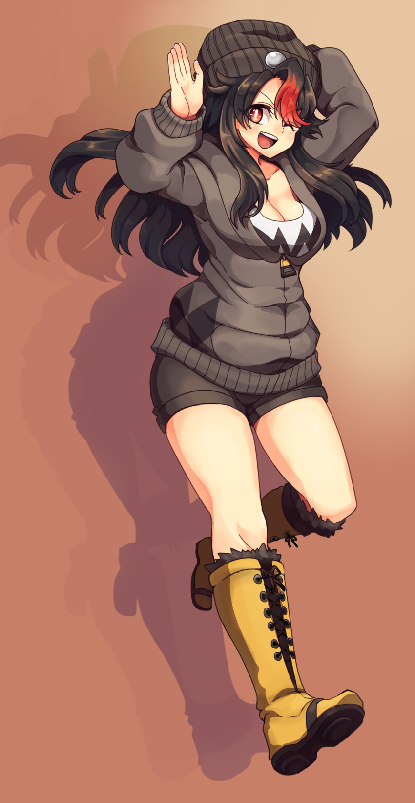 1girl ;d absurdres arms_up black_hair black_shorts boots borokuro breasts brown_background cleavage full_body grey_jacket highres jacket knee_boots large_breasts multicolored_hair one_eye_closed personification pokemon red_eyes red_hair shadow short_shorts shorts skullcap smile staraptor two-tone_hair yellow_footwear zipper