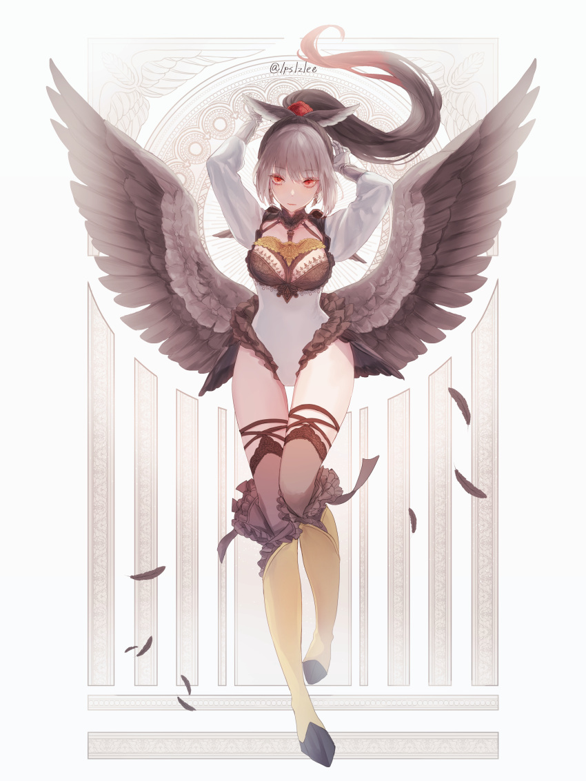 1girl absurdres arms_up black_hair boots breasts byuura_(sonofelice) cleavage feathered_wings feathers full_body gloves grey_gloves grey_hair highres knee_boots leotard medium_breasts multicolored_hair personification pokemon ponytail red_eyes simple_background solo staraptor thigh_strap thighhighs two-tone_hair wings yellow_legwear