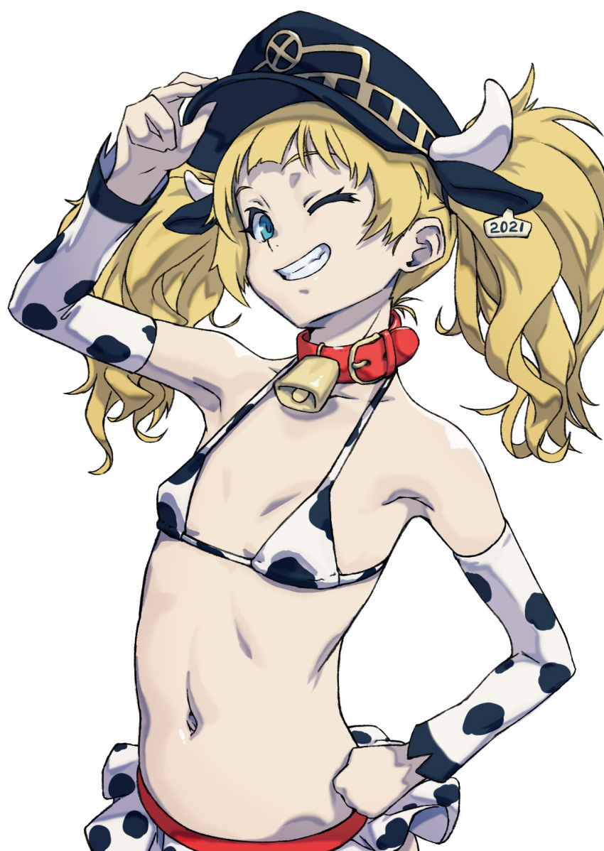 1girl 2021 alternate_breast_size animal_ears animal_print arad_baranga arm_up bell bikini blonde_hair blue_eyes breasts chinese_zodiac collar collarbone covered_nipples cow_horns cow_print cowbell detached_sleeves ear_tag fake_animal_ears flat_chest hand_on_headwear hand_on_hip highres horns horns_through_headwear large_breasts long_hair monika_weisswind navel neck_bell one_eye_closed red_collar shingeki_no_bahamut simple_background skirt smile solo swimsuit teeth twintails white_background white_horns year_of_the_ox