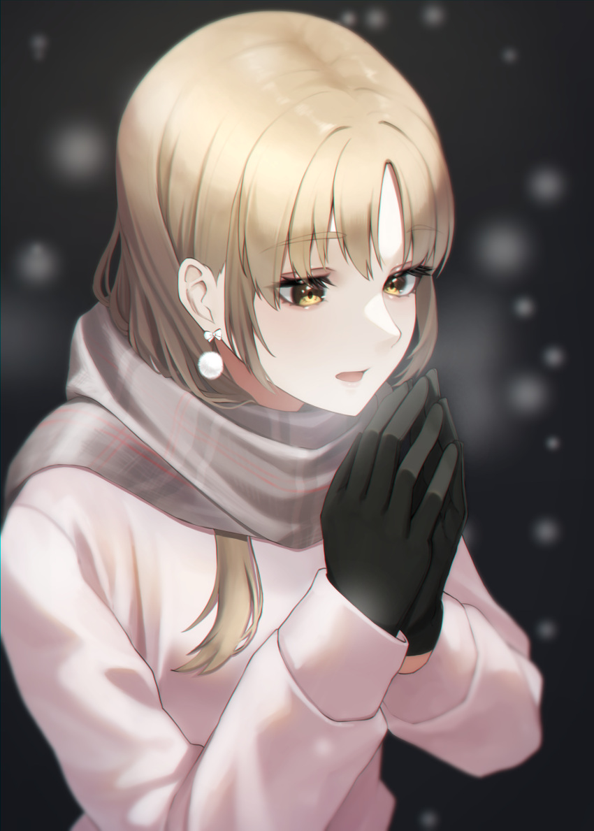 1girl absurdres bangs black_gloves breath breathing_on_hands brown_eyes brown_hair brown_scarf coat earrings eyebrows_visible_through_hair gloves highres irise jewelry long_hair long_sleeves nijisanji own_hands_together parted_bangs pom_pom_(clothes) pom_pom_earrings scarf sister_cleaire solo virtual_youtuber warming_hands white_coat winter_clothes