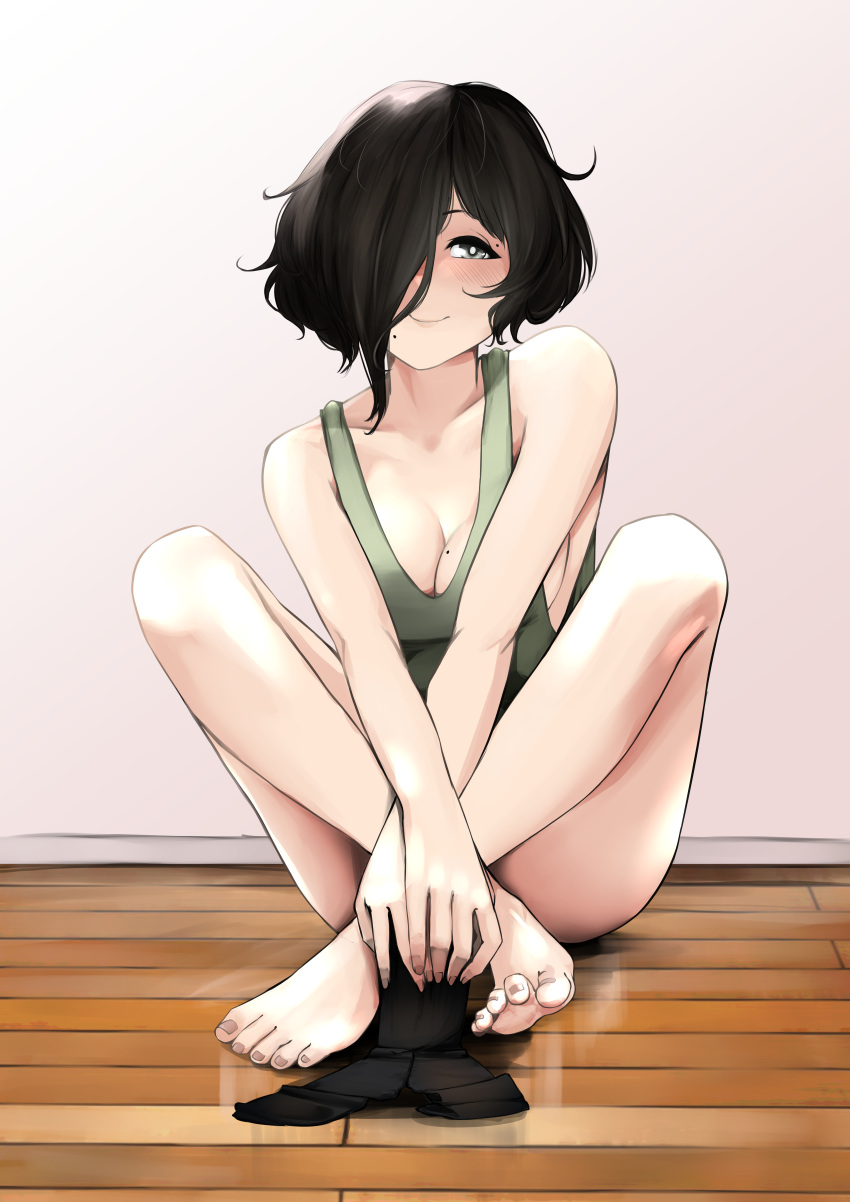 1girl absurdres bare_legs bare_shoulders barefoot black_hair black_legwear blush breasts cleavage closed_mouth commentary_request crossed_ankles feet full_body green_shirt grey_eyes hands_on_feet highres indoors legs legwear_removed long_bangs looking_at_viewer medium_breasts mole mole_on_breast mole_under_mouth original pantyhose rain_prophet shirt short_hair sleeveless sleeveless_shirt smile solo toenails toes wooden_floor