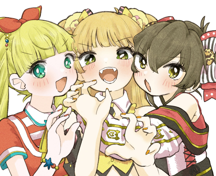 3girls :d bangs black_hair blonde_hair blunt_bangs blush bow bright_pupils cheek-to-cheek clothing_cutout fangs gao hair_bow heads_together highres hug idol idolmaster idolmaster_cinderella_girls jougasaki_rika looking_at_viewer mary_cochran matoba_risa mofuku multiple_girls nail_polish shoulder_cutout simple_background smile twintails two_side_up upper_body