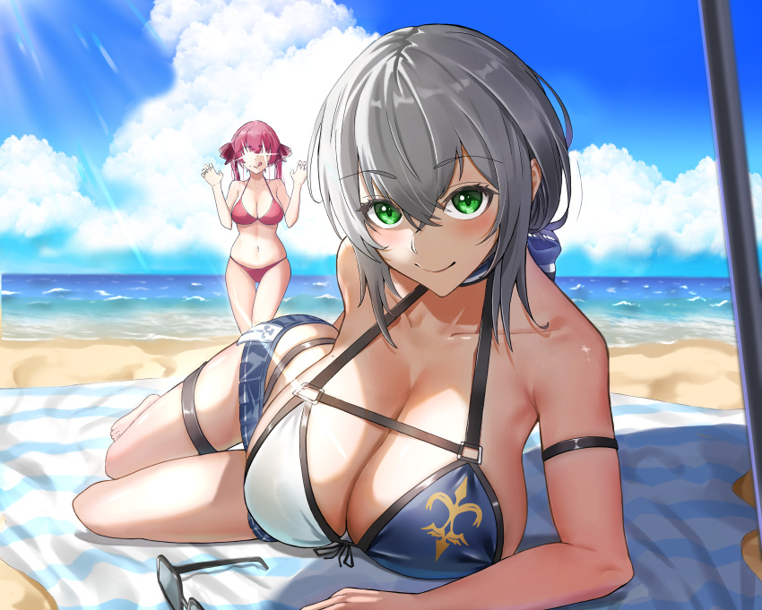 +_+ 2girls :q absurdres akimizawa_akio bangs bare_shoulders beach beach_towel beach_umbrella bikini blue_sky blush breasts cleavage closed_mouth cloud collarbone commentary_request day eyebrows_visible_through_hair green_eyes hair_between_eyes hair_ribbon halterneck hands_up highres hololive horizon houshou_marine large_breasts long_hair looking_at_viewer lotion lotion_bottle lying multiple_girls navel ocean open_mouth outdoors red_eyes red_hair ribbon sand shiny shiny_skin shirogane_noel short_hair sidelocks silver_hair sky smile sparkle sparkling_eyes standing string_bikini sunglasses sunscreen swimsuit thighs tongue tongue_out towel twintails umbrella virtual_youtuber yellow_eyes