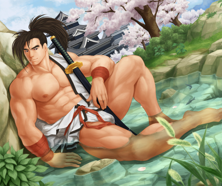 1boy abs bandaged_arm bandages bara bare_pectorals boulder bulge cherry_blossoms clothes_down cum cum_in_clothes dougi full_body fundoshi haoumaru highres japanese_clothes large_pectorals long_hair looking_at_viewer male_focus mature_male mint muscular muscular_male nipples no_pants open_clothes open_shirt pectorals samurai_spirits saolin_(wudangx) sheath sheathed sideburns sitting snk solo stomach thick_thighs thighs tied_hair