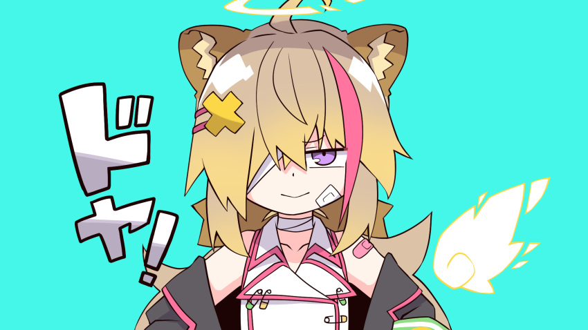 1girl ahoge animal_ear_fluff animal_ears bandage_over_one_eye bandaged_neck bandages bandaid bandaid_on_arm bare_shoulders black_jacket blue_background brown_hair closed_mouth collarbone commentary_request dadadada_tenshi dress hair_over_one_eye halo highres indie_virtual_youtuber jacket long_hair looking_at_viewer mizunashi_(second_run) multicolored_hair off_shoulder open_clothes open_jacket pink_hair purple_eyes shirakumo_mame simple_background sleeveless sleeveless_dress smile solo streaked_hair upper_body virtual_youtuber white_dress
