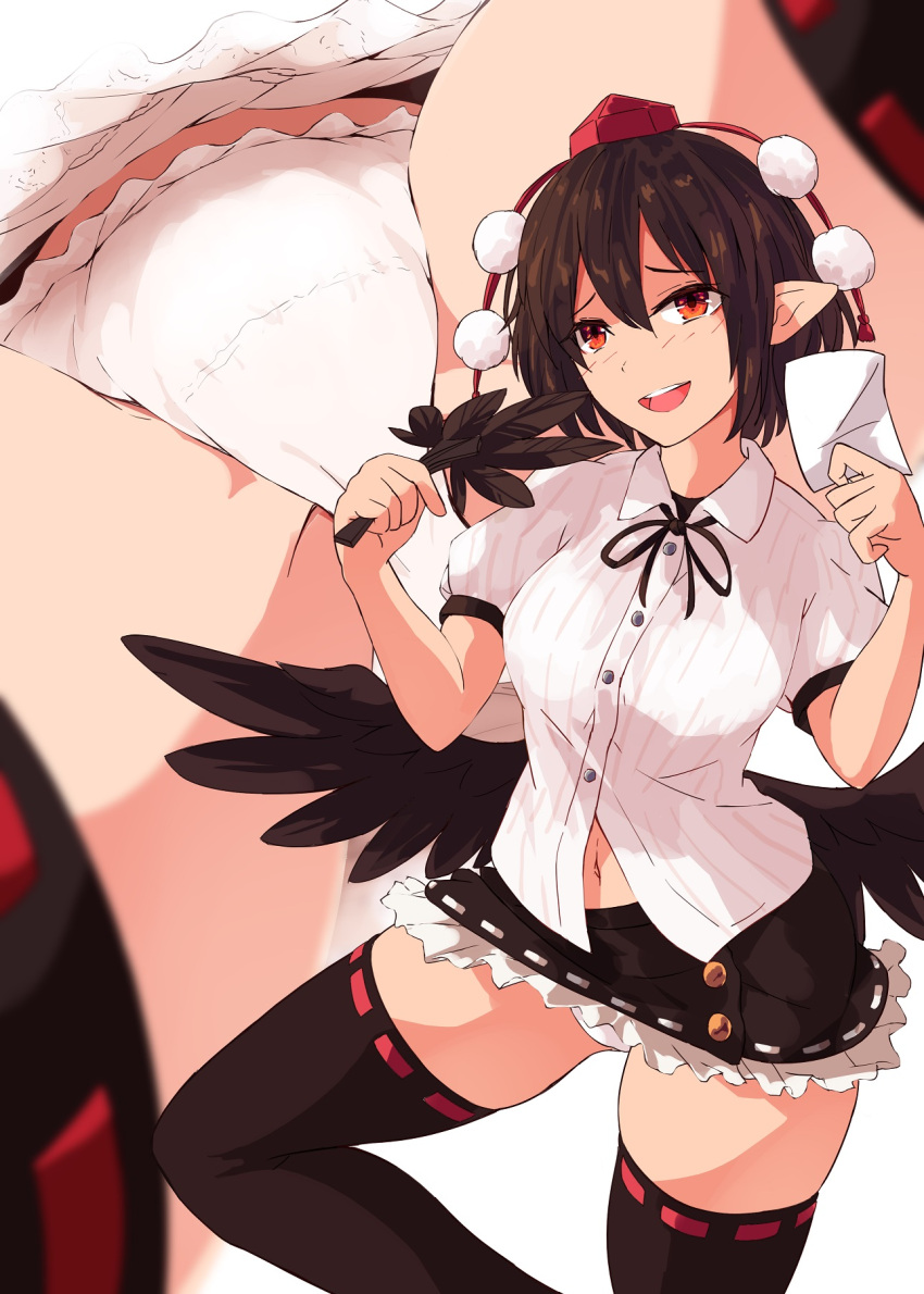 1girl :d alternate_legwear bangs bird_wings black_bow black_bowtie black_hair black_legwear black_skirt black_wings blush bow bowtie breasts buttons collared_shirt commentary_request feathered_wings feathers feet_out_of_frame from_below geta hand_fan hands_up hat hauchiwa highres holding holding_fan jewelry kagami_toufu large_breasts looking_at_viewer looking_down microskirt navel open_mouth panties pantyshot pointy_ears puffy_short_sleeves puffy_sleeves red_eyes red_footwear red_headwear red_nails red_ribbon ribbon ribbon-trimmed_legwear ribbon_trim shameimaru_aya shirt short_hair short_sleeves simple_background sitting skirt smile socks solo stomach swept_bangs tassel tengu-geta thighhighs thighs tokin_hat touhou underwear upskirt white_background white_shirt wing_collar wings