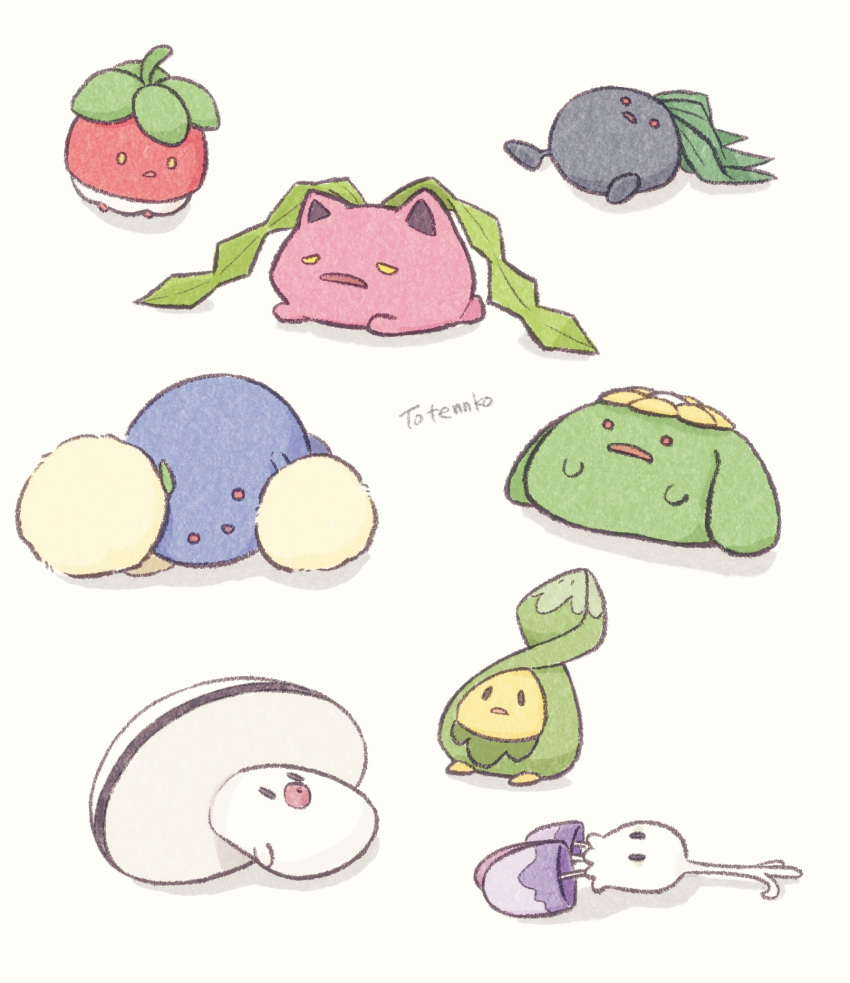 bounsweet budew commentary_request evolto evolutionary_line foongus frown highres hoppip jumpluff lying morelull no_humans oddish on_back pokemon pokemon_(creature) signature skiploom tired toutenko white_background yellow_eyes