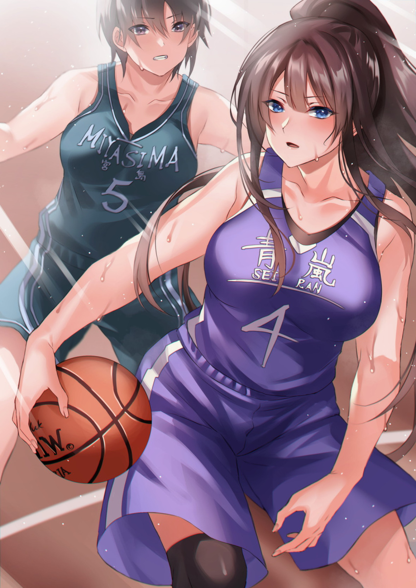 2girls ball bangs bare_shoulders basketball basketball_court basketball_jersey basketball_uniform blue_eyes brown_eyes brown_hair clenched_teeth collarbone dribbling highres holding holding_ball inue_ao jersey multiple_girls open_mouth original ponytail short_hair sidelocks single_thighhigh sportswear sweat teeth thighhighs