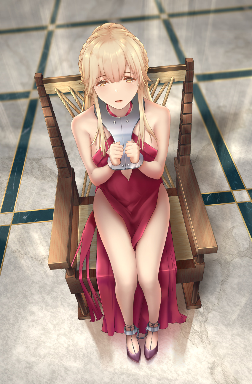 1girl absurdres angry_fish bangs bare_shoulders bdsm blonde_hair blush bondage bound braid breasts commentary_request dress eyebrows_visible_through_hair floor full_body girls'_frontline hair_ornament high_heels highres hobble legs long_hair looking_at_viewer open_mouth ots-14_(girls'_frontline) red_dress red_footwear restrained simple_background sitting solo thighs wrist_cuffs yellow_eyes