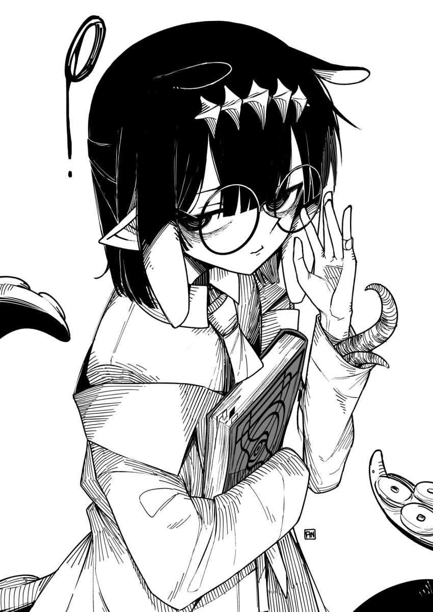 1girl alternate_hair_length alternate_hairstyle angry_num ao-chan_(ninomae_ina'nis) black_hair book closed_mouth coat glasses greyscale hair_ornament hand_on_eyewear highres hololive hololive_english labcoat looking_at_viewer monochrome necktie ninomae_ina'nis pointy_ears short_hair solo tentacle_hair tentacles virtual_youtuber watermark