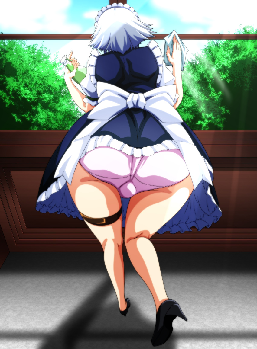 1girl apron ass back back_bow bangs bent_over black_footwear blue_dress bow buckle cleaning_windows commentary_request day dress facing_away frilled_dress frills from_behind full_body high_heels highres holding_cloth izayoi_sakuya maid maid_apron maid_headdress medium_hair panties pink_panties puffy_short_sleeves puffy_sleeves shadow shirt short_sleeves silver_hair solo standing tatsuya_(guild_plus) thick_thighs thigh_strap thighs touhou tree twintails underwear white_shirt window wiping