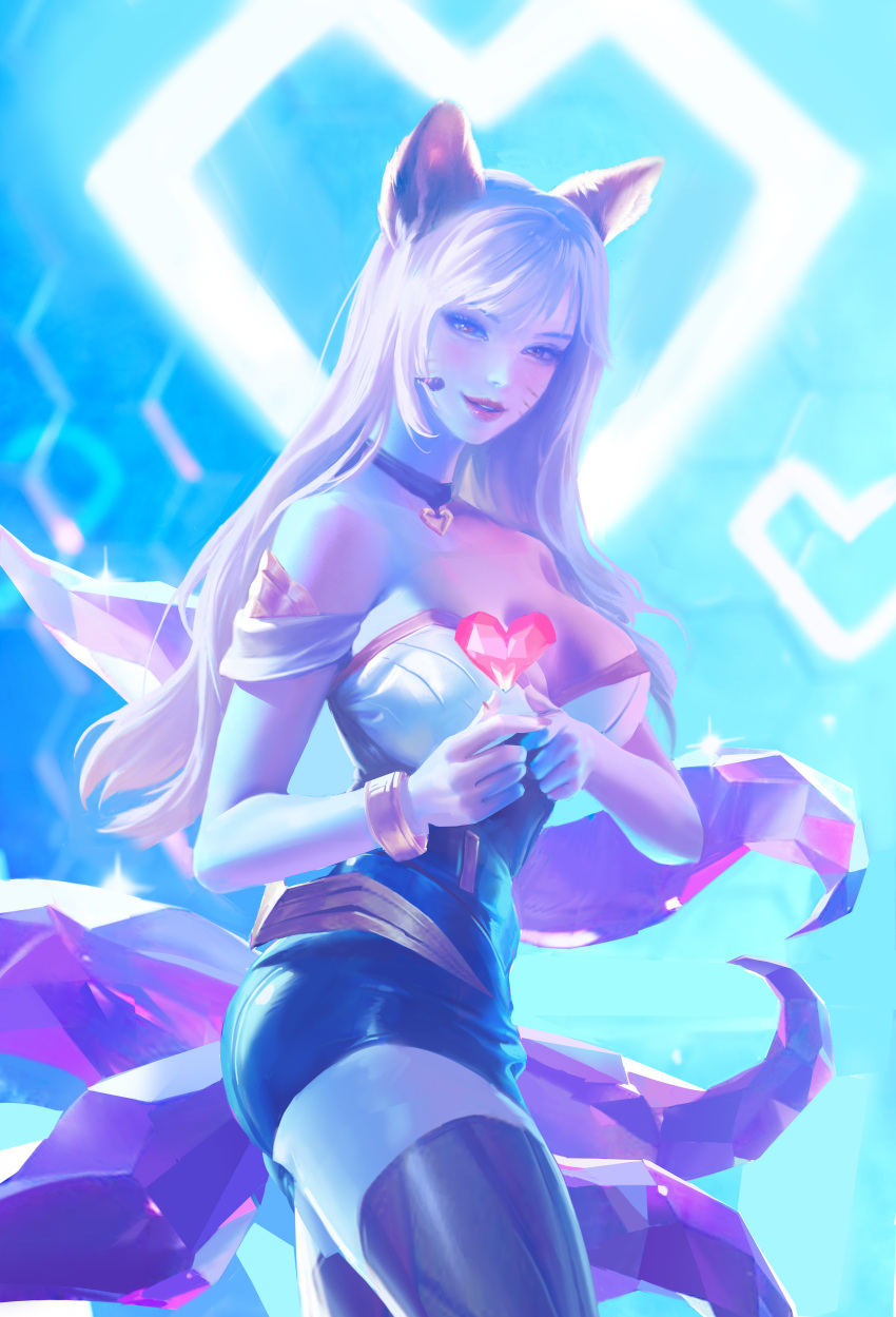 1girl absurdres ahri_(league_of_legends) animal_ears bare_shoulders black_legwear blonde_hair bracelet breasts choker cowboy_shot crystal_tail facial_mark fox_ears fox_tail heart heart_choker highres jewelry k/da_(league_of_legends) k/da_ahri large_breasts league_of_legends leesuyeon long_hair looking_at_viewer microphone solo strapless tail thighhighs whisker_markings yellow_eyes