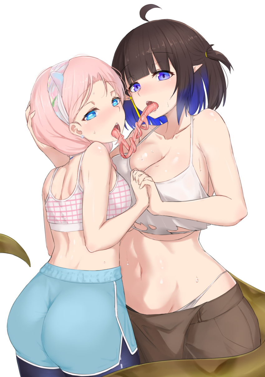 2girls absurdres ahoge arknights ass asymmetrical_docking bangs bare_arms bare_shoulders black_legwear blue_eyes blue_hair blue_poison_(arknights) blue_poison_(shoal_beat)_(arknights) blue_shorts blunt_bangs blush breast_press breasts bright_pupils brown_hair brown_pants cleavage commentary_request corrupted_image crop_top dolphin_shorts earrings eunectes_(arknights) eunectes_(forgemaster)_(arknights) eyebrows_visible_through_hair french_kiss frog_girl gradient_hair hair_over_shoulder hand_on_another's_head highres holding_hands interlocked_fingers intertwined_tongues jewelry kiss large_breasts leginfs_(ppppriver) legwear_under_shorts long_tongue looking_at_viewer looking_back multicolored_hair multiple_girls navel official_alternate_costume one_side_up open_mouth panties pants panty_peek pantyhose pink_hair pointy_ears purple_eyes saliva short_hair shorts simple_background sleeveless small_breasts snake_tail sports_bra stomach sweat tail tongue tongue_out torn_clothes underwear white_background white_panties yuri