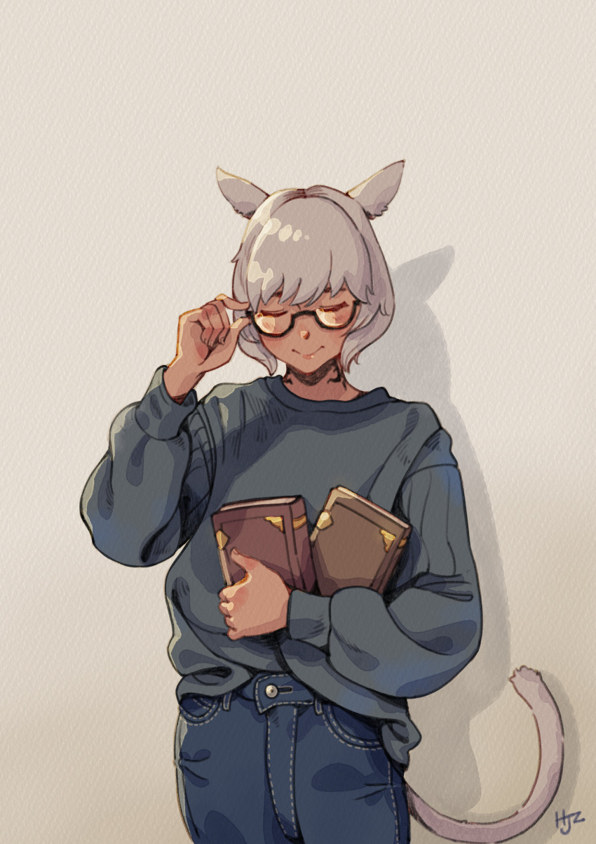 1girl absurdres adjusting_eyewear animal_ears bangs book cat_ears cat_tail closed_eyes commentary dark-skinned_female dark_skin denim english_commentary final_fantasy final_fantasy_xiv glasses green_hair highres hjz_(artemi) holding holding_book jeans kayano_ai miqo'te neck_tattoo pants photo-referenced semi-rimless_eyewear short_hair smile solo sweater tail tattoo traditional_media under-rim_eyewear voice_actor voice_actor_connection y'shtola_rhul