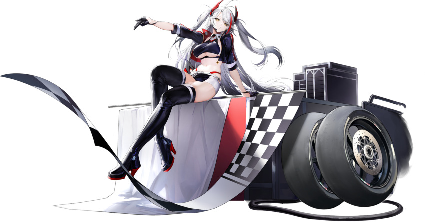 1girl :o azur_lane black_gloves boots breasts cleavage eyebrows_visible_through_hair full_body gloves hair_between_eyes hair_ornament hairclip haori_io headset high_heel_boots high_heels highres jacket large_breasts long_hair looking_at_viewer miniskirt multicolored_hair official_alternate_costume official_art open_mouth parted_lips pose prinz_eugen_(azur_lane) prinz_eugen_(final_lap)_(azur_lane) race_queen silver_hair sitting skirt smile solo thigh_boots thighhighs transparent_background twintails underboob yellow_eyes