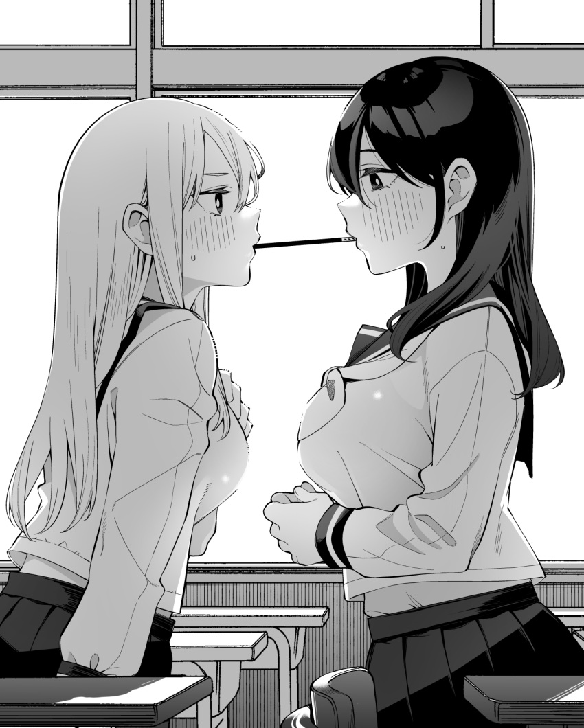 2girls bangs blush breasts byte_(allbyte) commentary desk eye_contact food greyscale highres indoors large_breasts long_hair looking_at_another medium_breasts monochrome mouth_hold multiple_girls original pleated_skirt pocky pocky_kiss school_desk school_uniform serafuku sidelocks sitting skirt sweatdrop window yuri