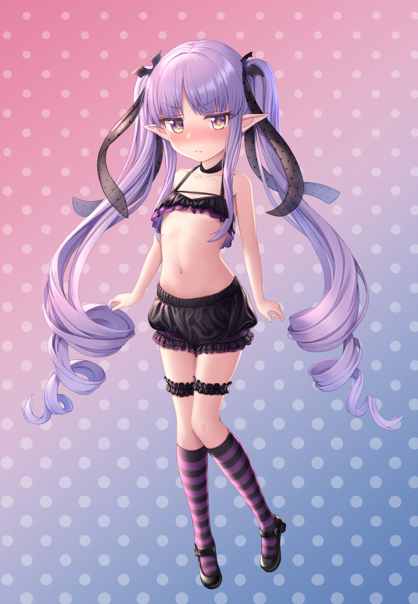1girl absurdres bare_arms black_footwear black_legwear black_shorts blue_background blush cementite child closed_mouth flat_chest frown full_body gradient gradient_background hair_ribbon highres kneehighs kyouka_(princess_connect!) leg_garter long_hair mary_janes midriff navel nose_blush pink_background pointy_ears princess_connect! purple_eyes purple_hair purple_legwear ribbon shoes shorts solo striped striped_legwear twintails very_long_hair