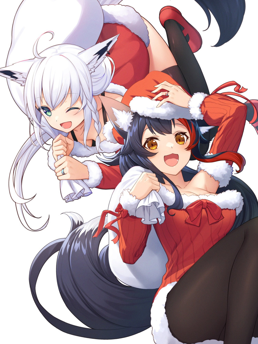 2girls :d ;d ahoge animal_ears asymmetrical_hair black_hair black_legwear blue_eyes blush braid breasts carrying_over_shoulder cleavage commentary commission detached_sleeves downblouse ear_piercing eyebrows_visible_through_hair feet_out_of_frame floating fox_ears fox_tail fur-trimmed_headwear fur-trimmed_sleeves fur-trimmed_sweater fur_trim gift_bag hair_between_eyes hat highres hololive jewelry long_hair looking_at_viewer medium_breasts multicolored_hair multiple_girls nishino_eri off-shoulder_sweater off_shoulder one_eye_closed ookami_mio open_mouth orange_eyes pantyhose piercing red_footwear red_hair red_headwear red_sweater ribbed_sweater ring santa_costume santa_hat shirakami_fubuki shoes side_braid silver_hair simple_background single_braid smile streaked_hair sweater tail thighhighs thighs virtual_youtuber wedding_band white_background white_hair wolf_ears
