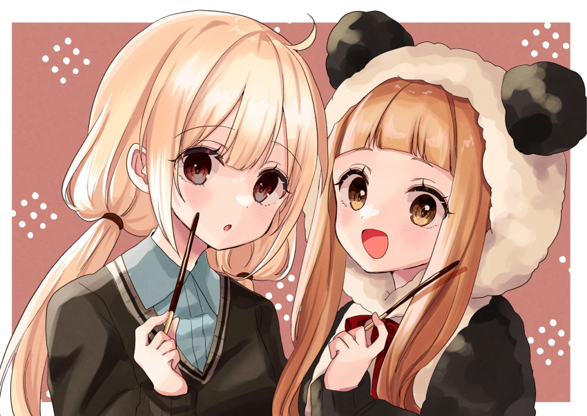 2girls :d :o ahoge alternate_costume animal_costume bangs black_vest blonde_hair blunt_bangs blush eyebrows_visible_through_hair food futaba_anzu highres holding holding_food holding_pocky ichihara_nina idolmaster idolmaster_cinderella_girls looking_at_viewer multiple_girls neck_ribbon orange_hair panda_costume pocky ribbon rino_cnc simple_background smile sweater_vest tied_hair twintails upper_body vest