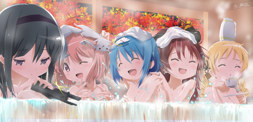 5girls :d :o akemi_homura bare_shoulders bath black_hair black_hairband blowing blue_hair breasts breasts_outside check_commentary closed_eyes commentary commentary_request cup drill_hair eyebrows_visible_through_hair gun hairband handgun hands_on_another's_shoulders hands_up highres holding holding_cup holding_gun holding_saucer holding_weapon indoors jewelry kaname_madoka kyubey laughing light_blush long_hair looking_at_another looking_down mahou_shoujo_madoka_magica medium_breasts miki_sayaka multiple_girls one_eye_closed onsen open_mouth partially_submerged pink_hair purple_eyes red_hair ring sakura_kyouko saucer sengoku_chidori shared_bathing short_hair smile steam tomoe_mami towel towel_on_head twin_drills water water_drop waterfall weapon