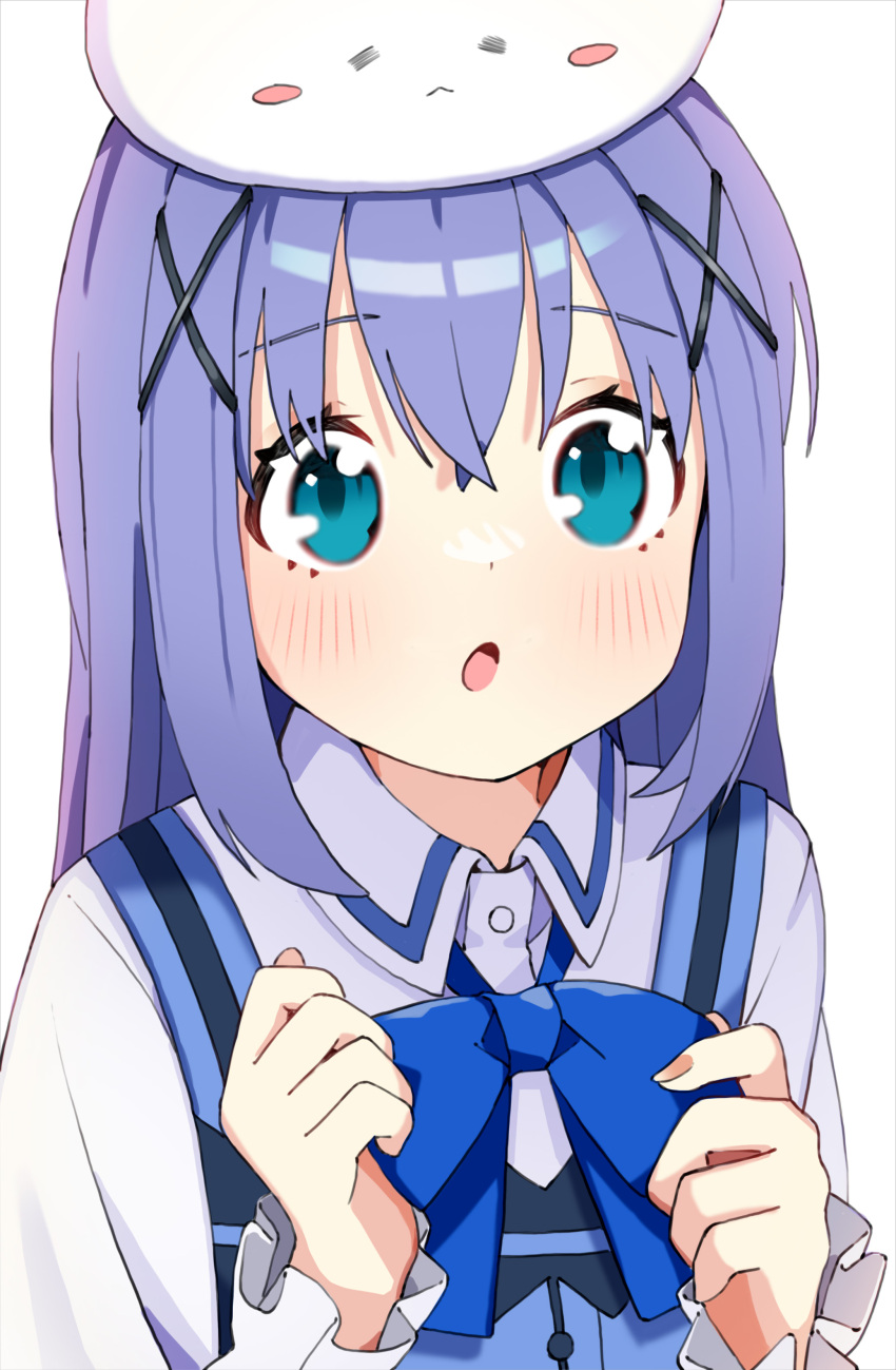 1girl absurdres angora_rabbit animal animal_on_head blue_bow blue_bowtie blue_eyes blue_hair blue_vest blush bow bowtie bunny bunny_on_head eyebrows_visible_through_hair fingernails gochuumon_wa_usagi_desu_ka? hair_between_eyes hair_ornament highres kafuu_chino long_hair long_sleeves on_head open_mouth rabbit_house_uniform shirt simple_background tippy_(gochiusa) upper_body uyuyu_(uyu) vest white_background white_shirt x_hair_ornament