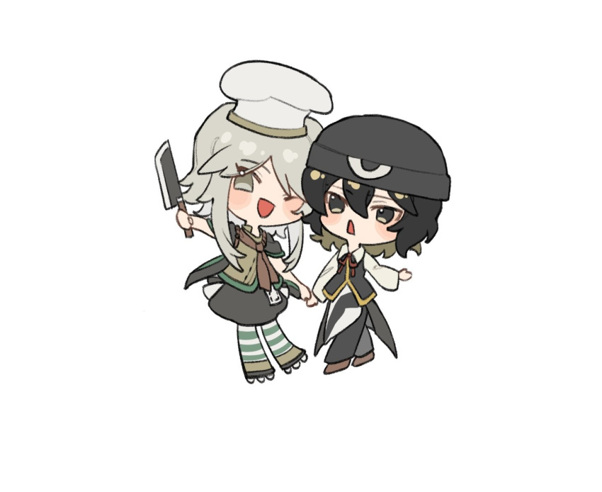 2others alternate_costume androgynous anniversary black_eyes black_hair book_of_the_cafe bow bowtie chef_hat chibi enraku_tsubakura grey_eyes grey_hair hat holding_hands knife len'en multiple_others red_bow red_bowtie short_hair short_hair_with_long_locks smile tray vest