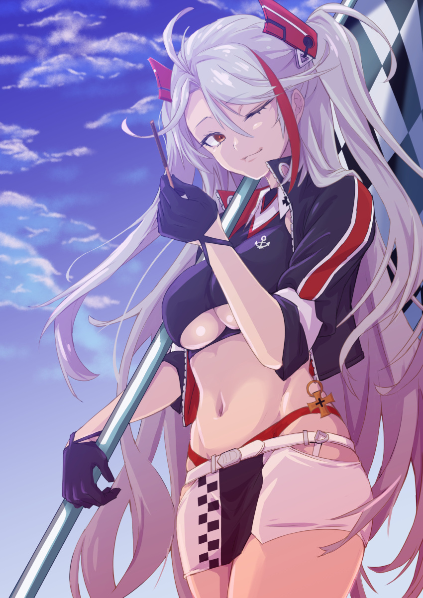 1girl azur_lane belt black_gloves blue_sky breasts checkered checkered_flag clothing_cutout cropped_shirt eyebrows_visible_through_hair flag food gloves half_gloves headband highres himeno_tatsuta holding holding_flag holding_food holding_pocky jacket large_breasts long_hair looking_at_viewer microskirt multicolored_hair navel official_alternate_costume one_eye_closed open_clothes open_jacket orange_eyes panties panty_straps pocky prinz_eugen_(azur_lane) prinz_eugen_(final_lap)_(azur_lane) purple_jacket race_queen red_hair red_panties silver_hair skirt sky smile solo standing streaked_hair two-tone_hair two-tone_skirt underboob underboob_cutout underwear very_long_hair white_belt white_skirt zipper