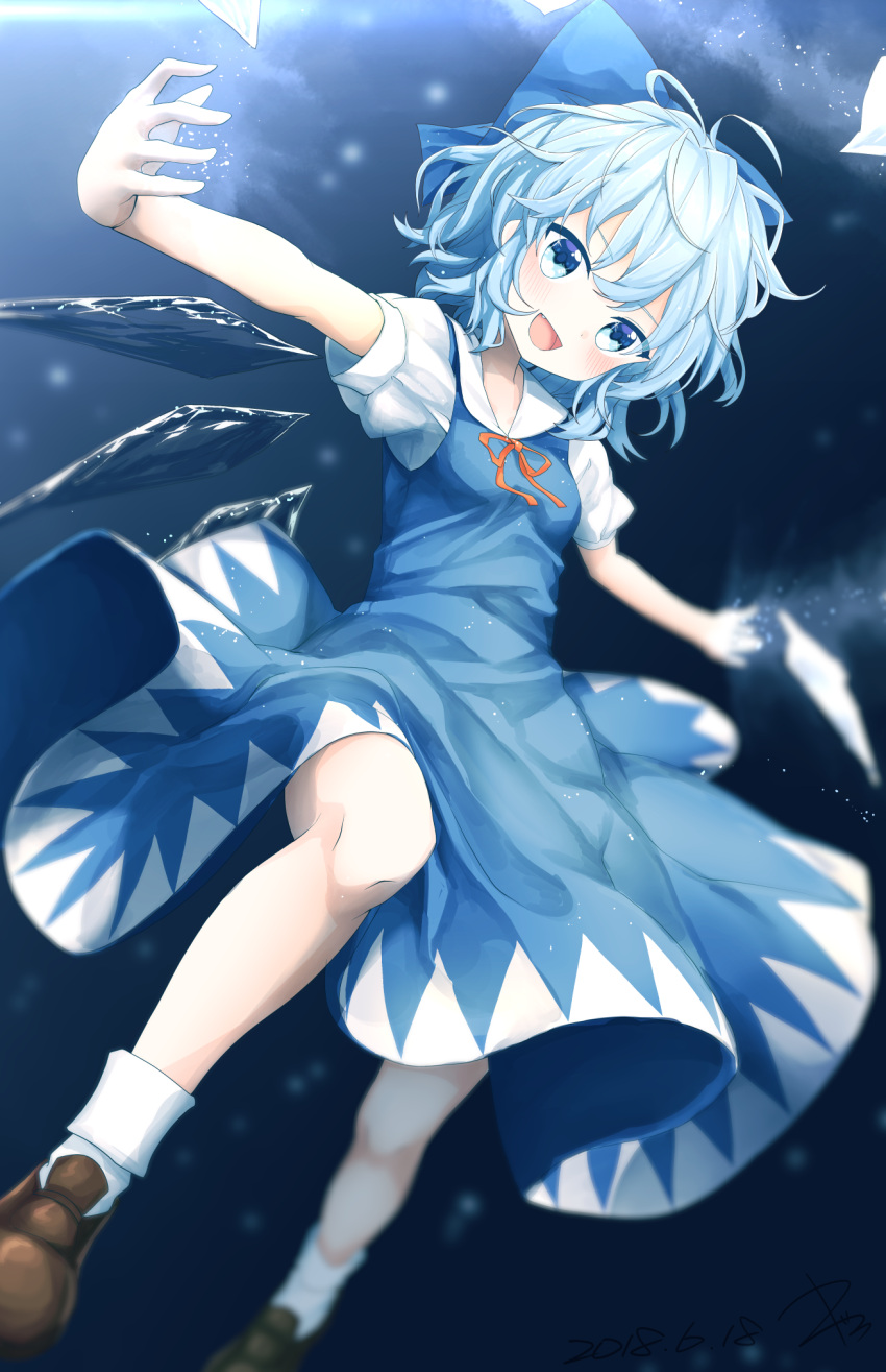 1girl :d bangs blue_bow blue_dress blue_eyes blue_hair blush bobby_socks bow breasts brown_footwear cirno collared_dress commentary dated dress flying hair_bow head_tilt highres ice kisamu_(ksmz) loafers neck_ribbon open_mouth outstretched_arms pinafore_dress red_neckwear red_ribbon ribbon shirt shoes short_hair short_sleeves signature small_breasts smile socks solo spread_arms touhou white_legwear white_shirt wing_collar