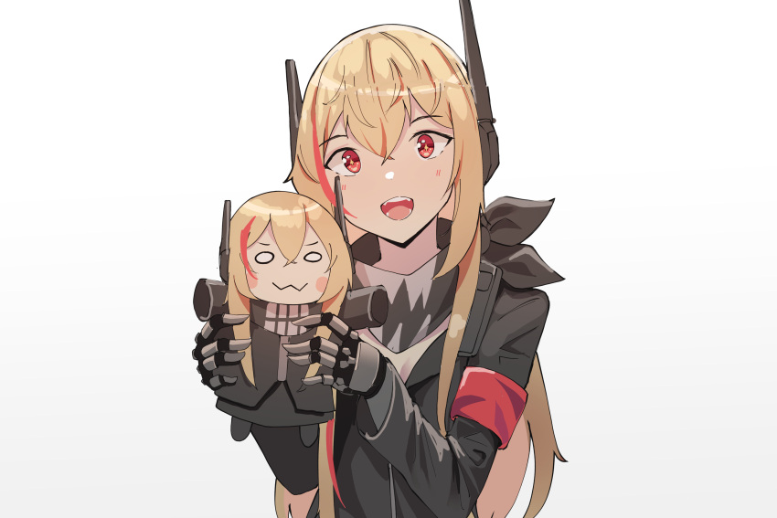 1girl :d absurdres armband bangs black_jacket blonde_hair blush character_doll commentary doll eyebrows_visible_through_hair gar32 girls'_frontline gradient gradient_background grey_background hair_between_eyes hands_up headgear highres holding holding_doll jacket long_hair long_sleeves looking_at_viewer m4_sopmod_ii_(girls'_frontline) m4_sopmod_ii_jr multicolored_hair red_eyes red_hair smile solo streaked_hair upper_body very_long_hair white_background