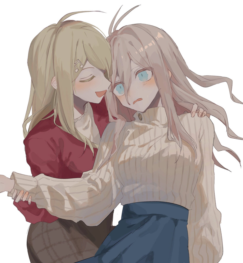 2girls :d ahoge akamatsu_kaede antenna_hair bangs blonde_hair blush brown_skirt danganronpa_(series) danganronpa_v3:_killing_harmony green_skirt hair_between_eyes hair_ornament hand_on_another's_shoulder highres holding_another's_wrist iruma_miu long_hair multiple_girls musical_note_hair_ornament nemari_(nemaru_0907) open_mouth red_shirt shirt simple_background skirt smile striped striped_sweater sweater sweater_tucked_in white_background yuri