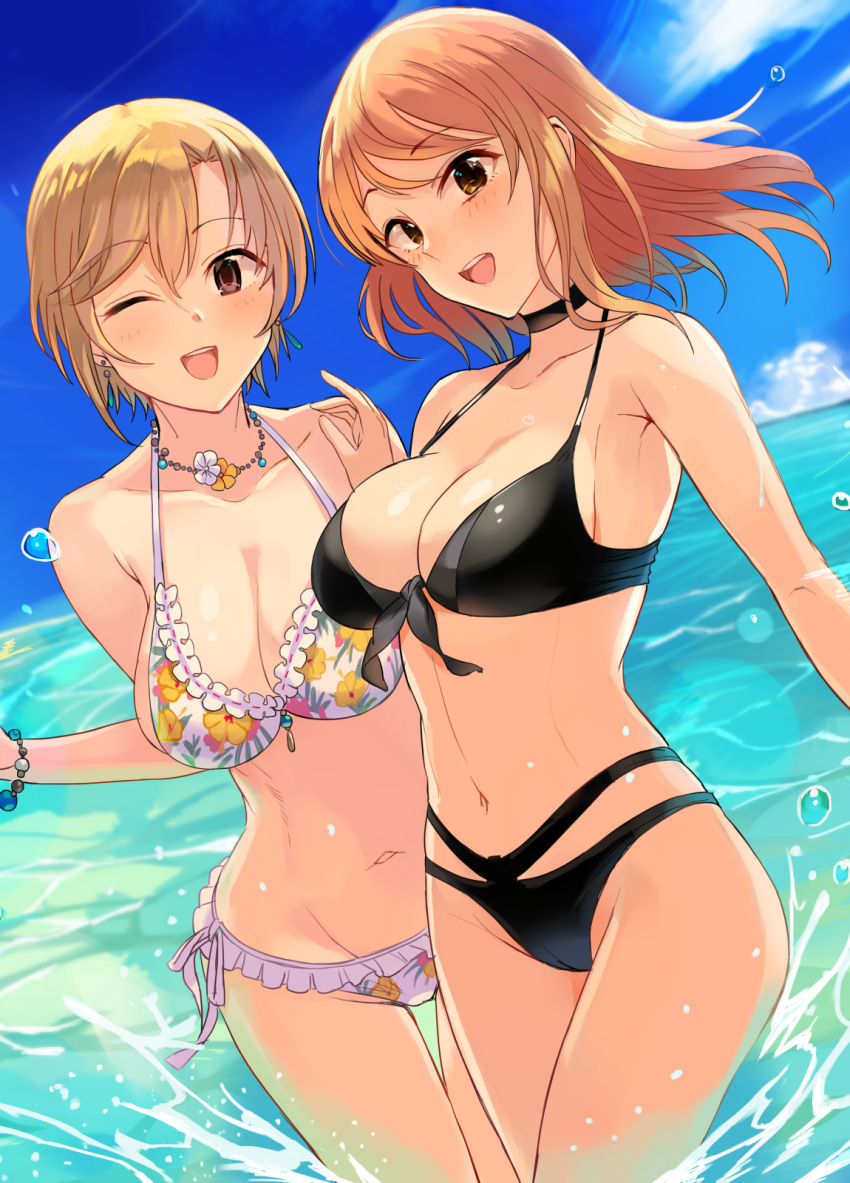 2girls :d aiba_yumi armpit_crease ashita_(2010) bikini black_bikini black_choker blue_sky blush breasts choker cleavage collarbone commission cowboy_shot day eyebrows_visible_through_hair frilled_bikini frills groin halterneck highres hojo_karen idolmaster idolmaster_cinderella_girls looking_at_viewer midriff multi-strapped_bikini multiple_girls navel ocean one_eye_closed partially_submerged round_teeth side-tie_bikini skeb_commission sky smile swimsuit teeth thigh_gap