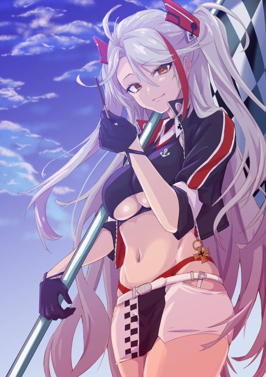 1girl azur_lane belt black_gloves blue_sky breasts checkered checkered_flag clothing_cutout cropped_shirt eyebrows_visible_through_hair flag food gloves half_gloves headband highres himeno_tatsuta holding holding_flag holding_food holding_pocky jacket large_breasts long_hair looking_at_viewer microskirt multicolored_hair navel official_alternate_costume open_clothes open_jacket orange_eyes panties panty_straps pocky prinz_eugen_(azur_lane) prinz_eugen_(final_lap)_(azur_lane) purple_jacket race_queen red_hair red_panties silver_hair skirt sky solo standing streaked_hair two-tone_hair two-tone_skirt underboob underboob_cutout underwear very_long_hair white_belt white_skirt zipper