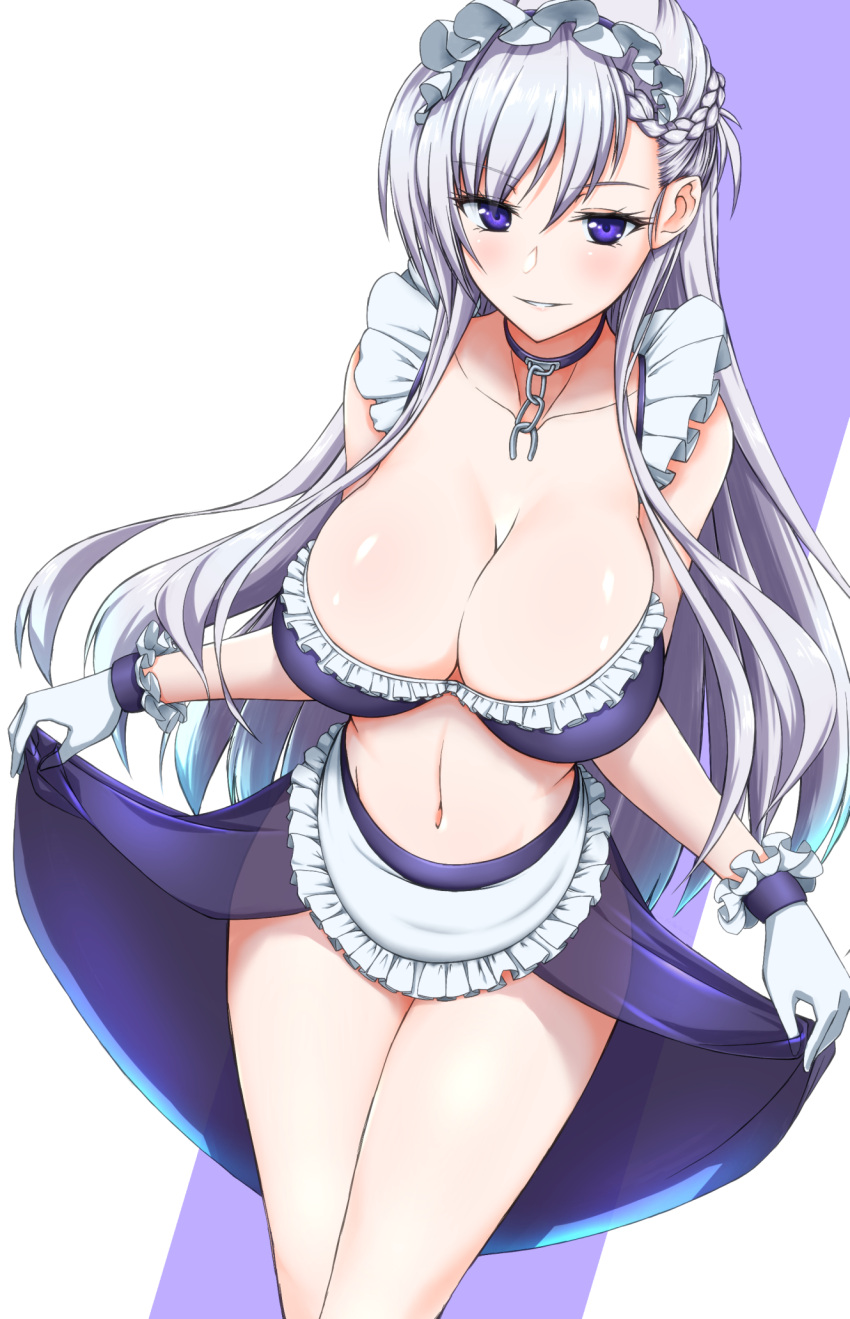 1girl alternate_costume apron azur_lane bangs bare_legs bare_shoulders belfast_(azur_lane) bra braid breasts broken broken_chain chain cleavage collar collarbone enmaided french_braid frilled_apron frilled_bra frills gloves hair_over_shoulder highres koutarou_(plusdrive) large_breasts lifted_by_self long_hair looking_at_viewer maid maid_headdress midriff navel open_mouth parted_bangs parted_lips purple_eyes sagging_breasts see-through simple_background smile solo thighs two-tone_background underwear white_gloves white_hair