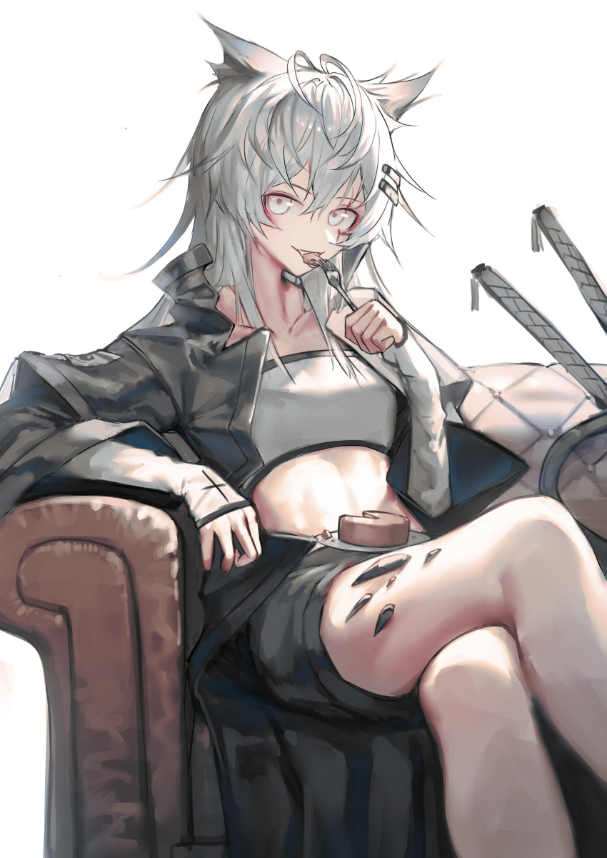 1girl absurdres antenna_hair arknights black_jacket black_shorts cake couch crossed_legs eating feet_out_of_frame fingerless_gloves food fork gloves grey_eyes grey_hair hair_between_eyes highres holding holding_fork jacket lappland_(arknights) leather leather_jacket long_hair looking_at_viewer messy_hair midriff open_clothes open_jacket oripathy_lesion_(arknights) shorts simple_background sitting solo sword veilrain weapon white_background white_bandeau white_gloves