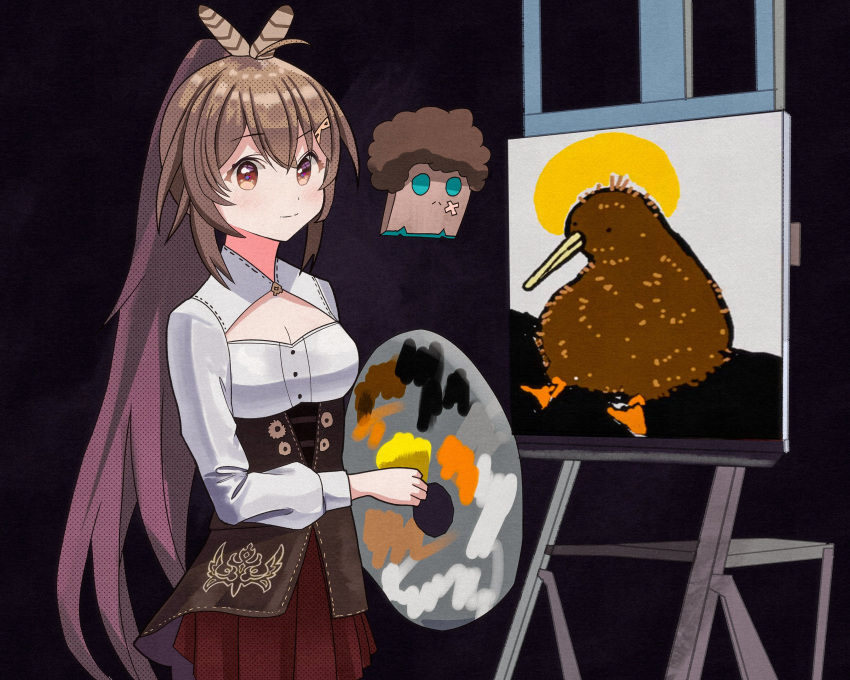 1girl absurdres afro bangs bird bob_ross bob_ross_(cosplay) brown_corset brown_eyes brown_hair cosplay dark_background deozt easel feather_hair_ornament feathers friend_(nanashi_mumei) hair_between_eyes hair_ornament hairclip halo high_ponytail highres holding holding_palette hololive hololive_english kiwi_(bird) long_hair looking_at_viewer nanashi_mumei owl_girl painting_(object) palette_(object) parody ponytail red_skirt shirt sidelocks skirt the_joy_of_painting very_long_hair virtual_youtuber white_shirt